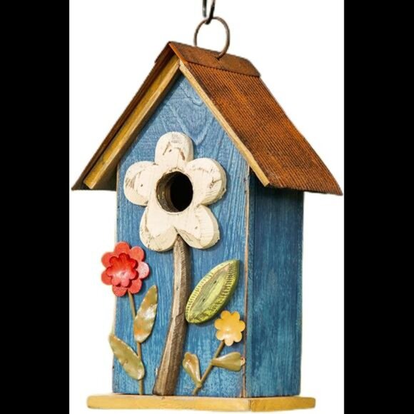 Distressed Decorative Solid Wood Birdhouse, 10.25 Inch Tall, Blue - Picture 1 of 8